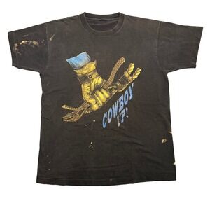 Vintage 90s Cowboy Up T-Shirt Black Distressed Large
